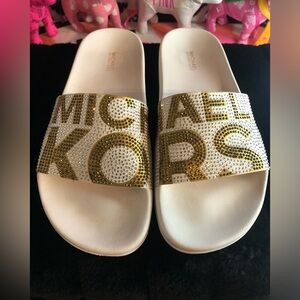Like New Michael Kors White Slides with Gold Rhinestone Embellishments